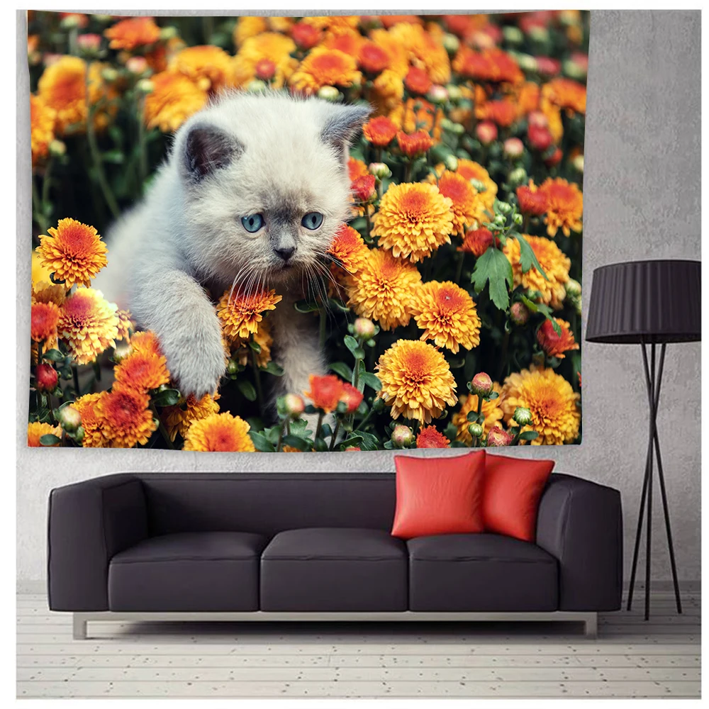 Cute Little Cat Flowers Tapestry Kitty Floral Arazzi Pet Animal Wall Coperta Panno Soggiorno Camera Da Letto Decor Wall Hanging
