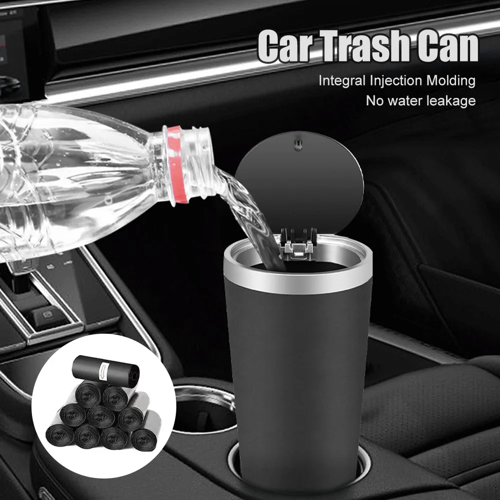 

Mini Car Trash Can Cup Holder Trash Bin with Lid Leakproof Garbage Can Washable with 150Pcs Disposable Trash Bag Car Accessories