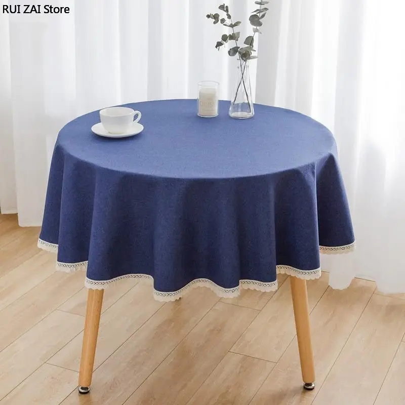 Pink Table Cloth Wedding Dining Tea Table Decoration Cover 1Pc Solid Color Round Tablecloth with Lace Cotton Linen Blue/red/gray