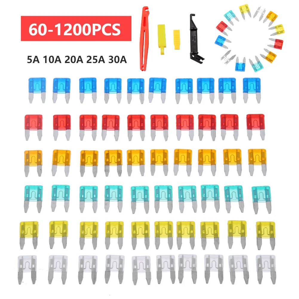 Car Fuses Kit 60-1200pcs Auto Car Truck Mini Fuse Mixed Set 5A 10A 15A 20A 25A 30A Safety Assortment Mini Truck Blade Fuses Accessorie car fuses kit circuit adapters and fuse set