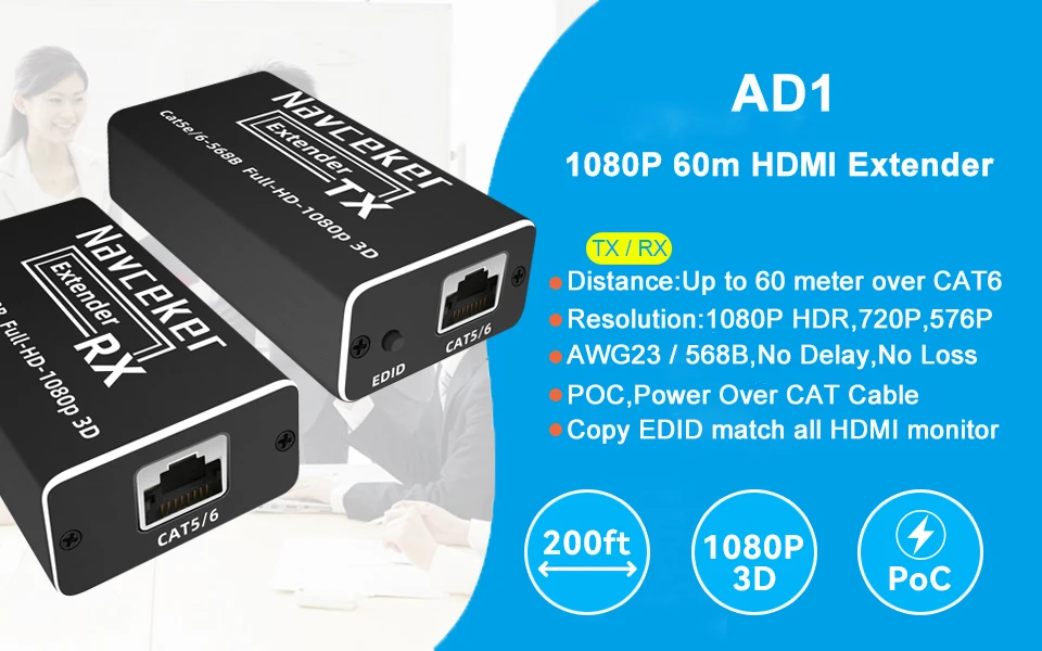60m HDMI Extender POC 1080P 3D HDMI Extender No Loss EDID RJ45 to HDMI Extender