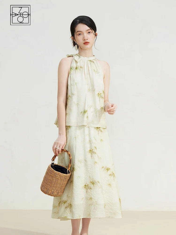 ZIQIAO New Chinese Style Printed Shirt Skirt Suit for Female Summer Chic A-line Elastic Skirt + Ribbon Sleeveless Top Women Sets trafza woman casual chic sleeveless backless high waist dresse mujer female summer fashion elegant white sexy mini dress