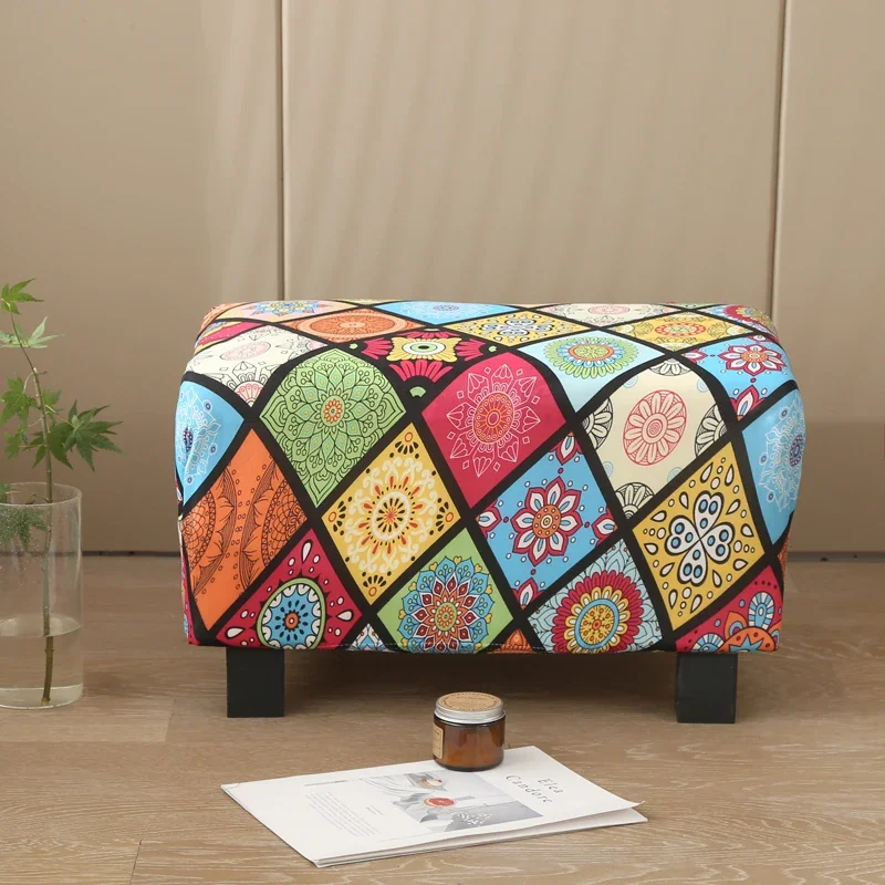 Fabric Square Ottoman Covers Stretch Footstool Cover Bench Storage Stool Cover Washable Furniture Protector Cover