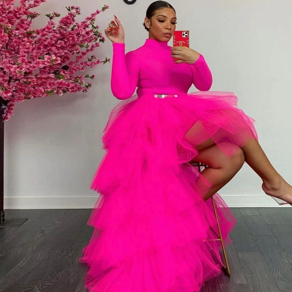 hot pink tulle dress womens Hot Pink Lace Applique Spaghetti Strap Prom Dresses Mermaid Sparkly Tulle 24084 Hot Pink / US8