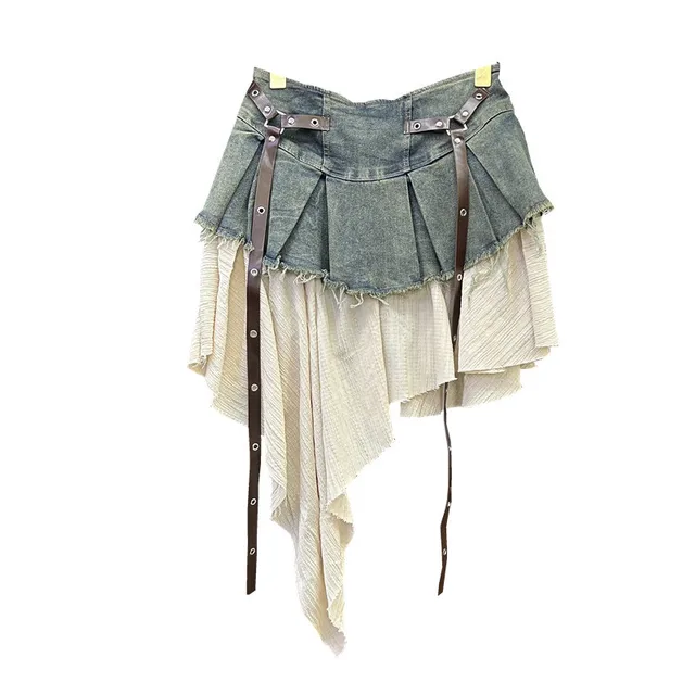 Retro Spliced Denim Pleated Skirt for Women Summer New Temperament Hot Girl Fashionable High Waist A-line Skirt