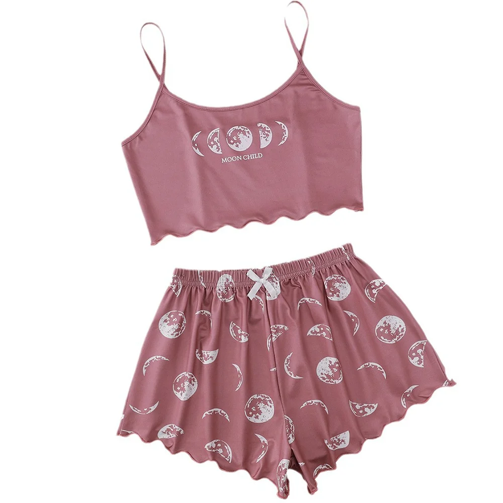 Women Pajamas Sleepwear Pajama Set Sports Camisole And Shorts Pink Moon And Planet Print Summer Soft Casual women pajamas set women pajama suit cotton pajamas set