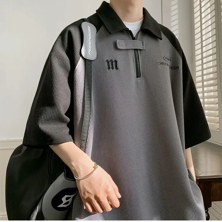 

Men's new summer short sleeved T-shirt ins casual loose five quarter sleeve Polo shirt Korean style trendy versatile men's tops