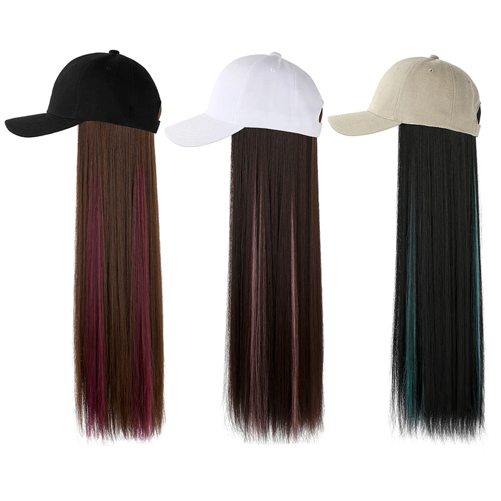 Meetlife Baseball Cap With Long Extension Wig Pick Dyed Synthetic Hair Long Straight Hair Travel Beach Baseball Hat 60cm ponytail baseball cap