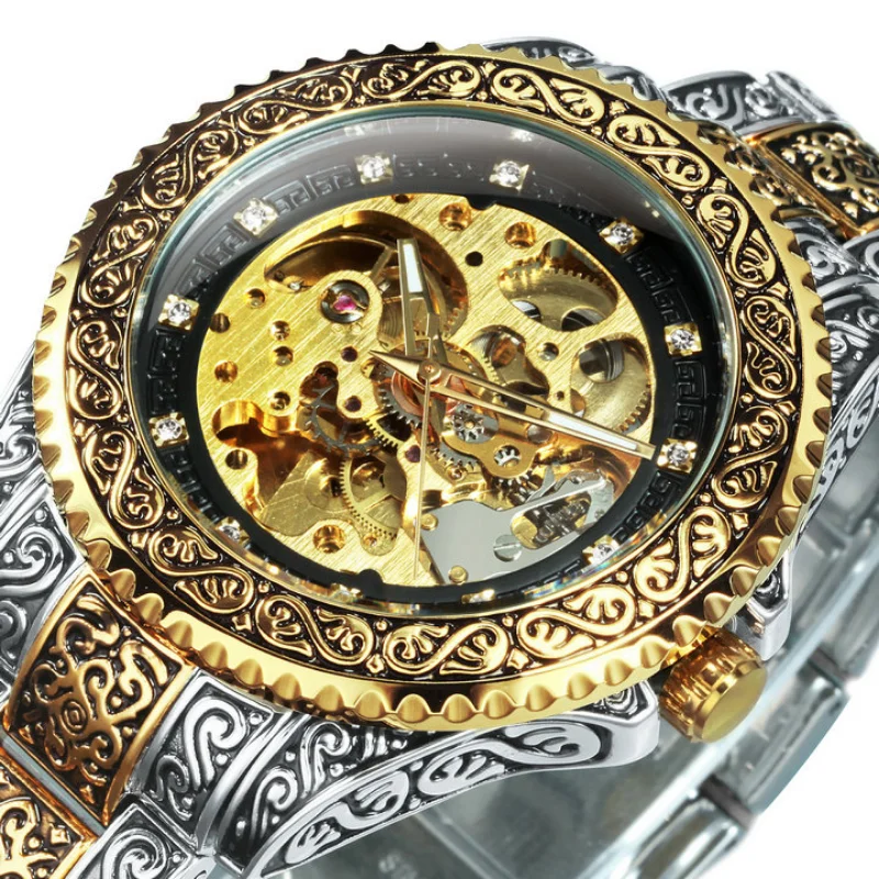 

2023 T-Winner Watch Men Fashion Vintage Carved Watches Luxury Gold Skeleton Automatic Mechanical Wristwatches Men Reloj Hombre