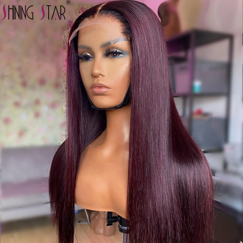 Peruvian 13&times;6 13x4 Lace Front Wig 99J Red Colored Straight Human Hair Pre-Plucked Transparent human hair wig