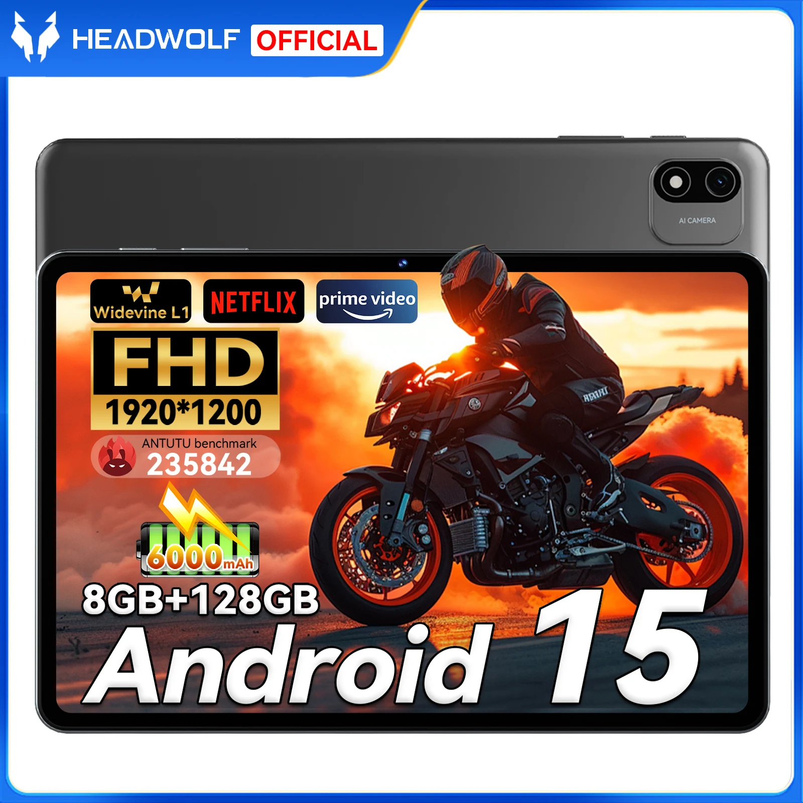 Headwolf WPad6 Android 15 Tablet 10 inch 4+4GB Ram128GB ROM Wifi Tablet PC 6000 mAh battery