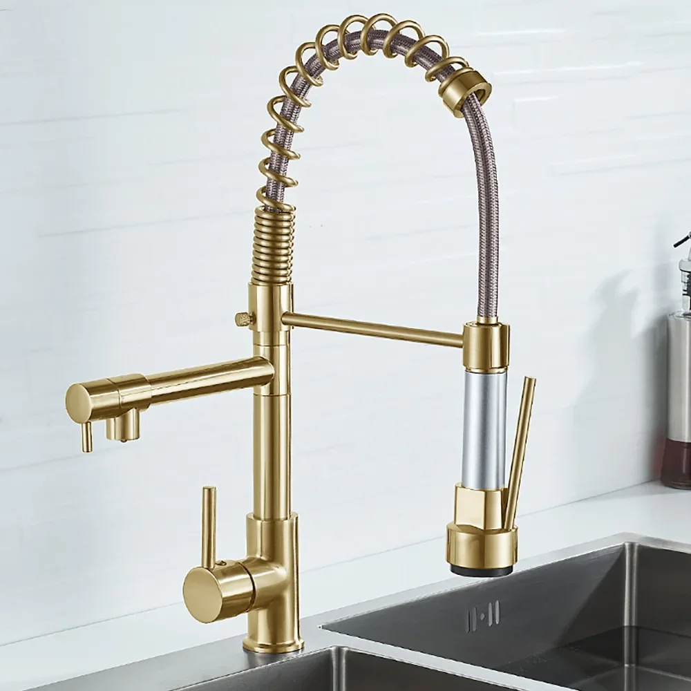 

Cross border kitchen spring faucet Double outlet spring faucet gold black spring kitchen hot and cold water faucet