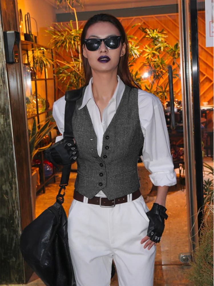 Women's Suit Vest Business Work Jacket Slim Fit Casual Herringbone Waistcoat Retro жилетка женская chalecos para mujeres 3