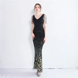 Glitter Sequins Mermaid Evening Dress Beading V Neck Women Formal Pageant Celebrity Banquet Party Prom Gown Robe De Mariée