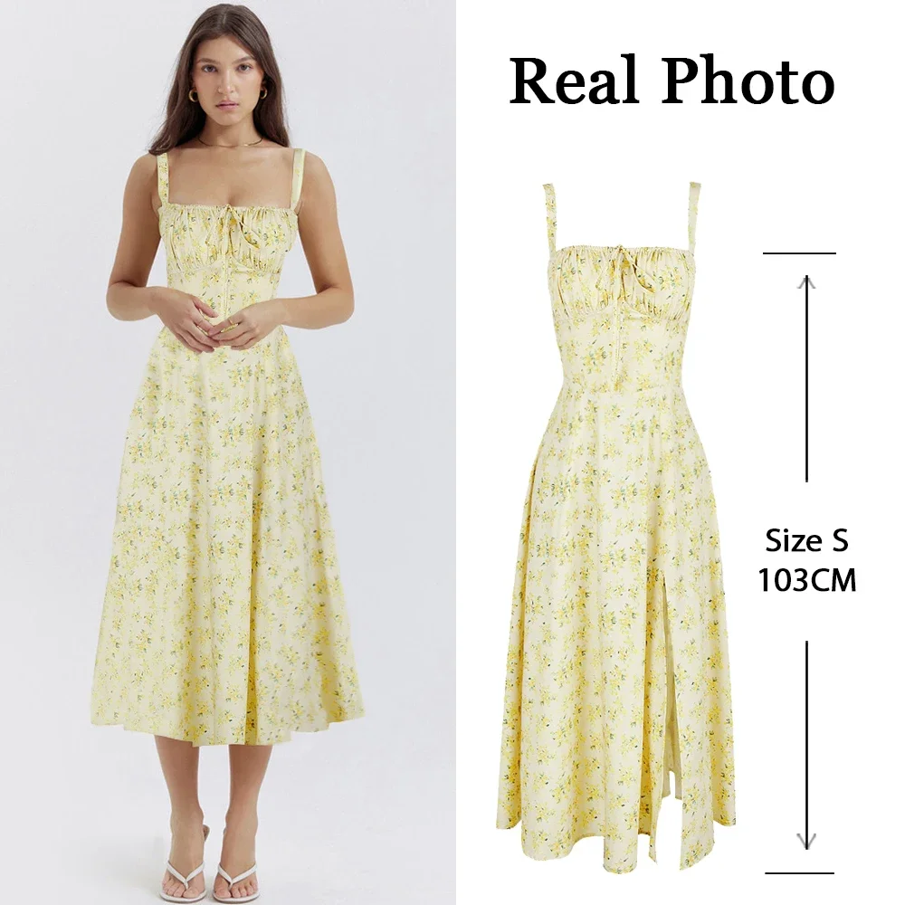 Women's Summer Floral Midi Dress with Slit and Lace Up Detail