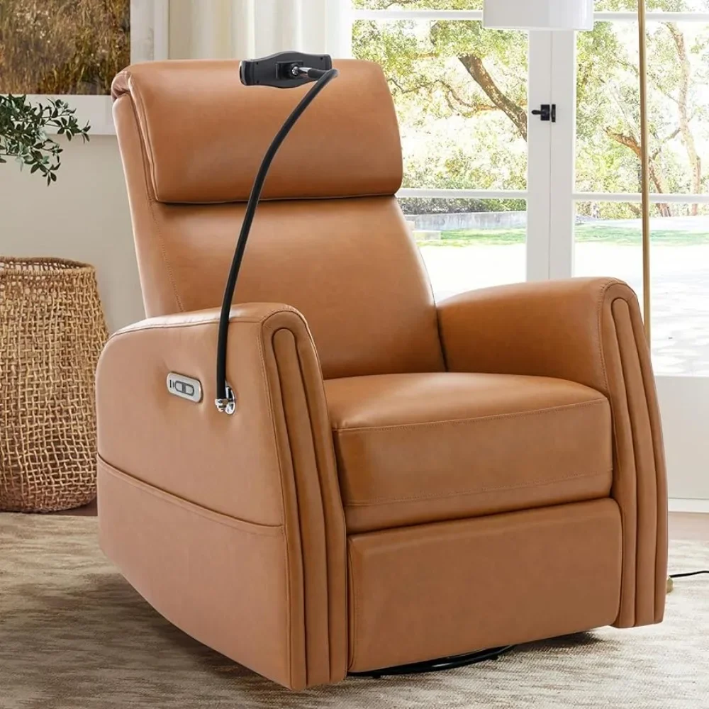 

Recliner rotary glider with detachable phone and iPad holder, Type-C charging port, PU leather tilt stick recliner
