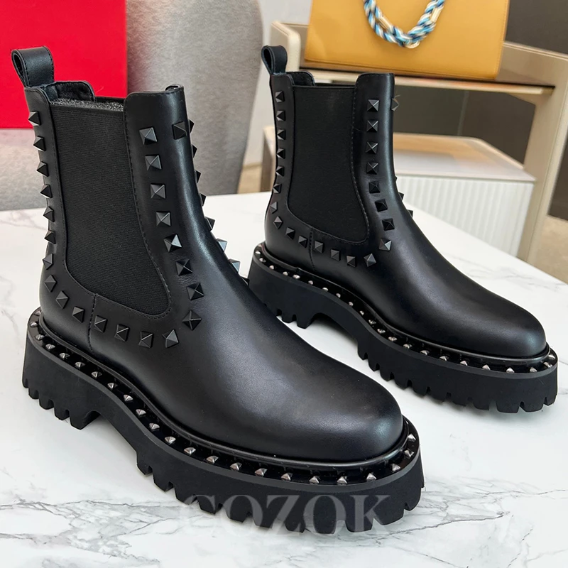 

Ladies Short Boots Autumn 2023 New Metal Rivet Decoration Design Round Head Anke Boots Non-slip Thick Bottom Female Shoes