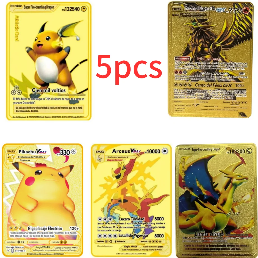 Cartes Pokemon brillantes en fer, Pikachu Mewtwo Charizard Vmax, cartes en  métal doré, lettres Animal Crossing Amiibo, jouets