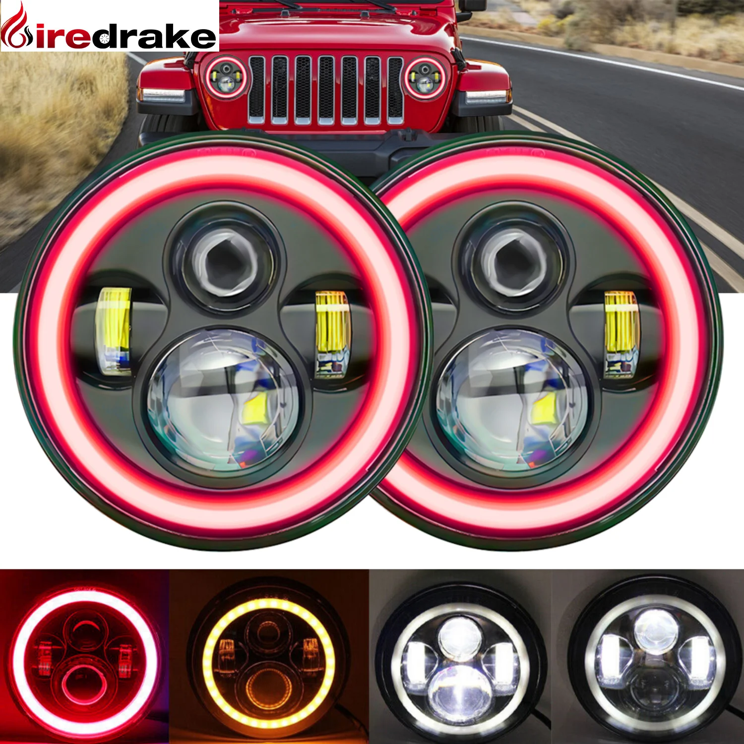 7-дюймовая светодиодная круглая фара H4 Red Halo Angel Eyes фара 180 Вт 6000K Wrangler Jeep универсальная фара 18000LM автомобильная лампа