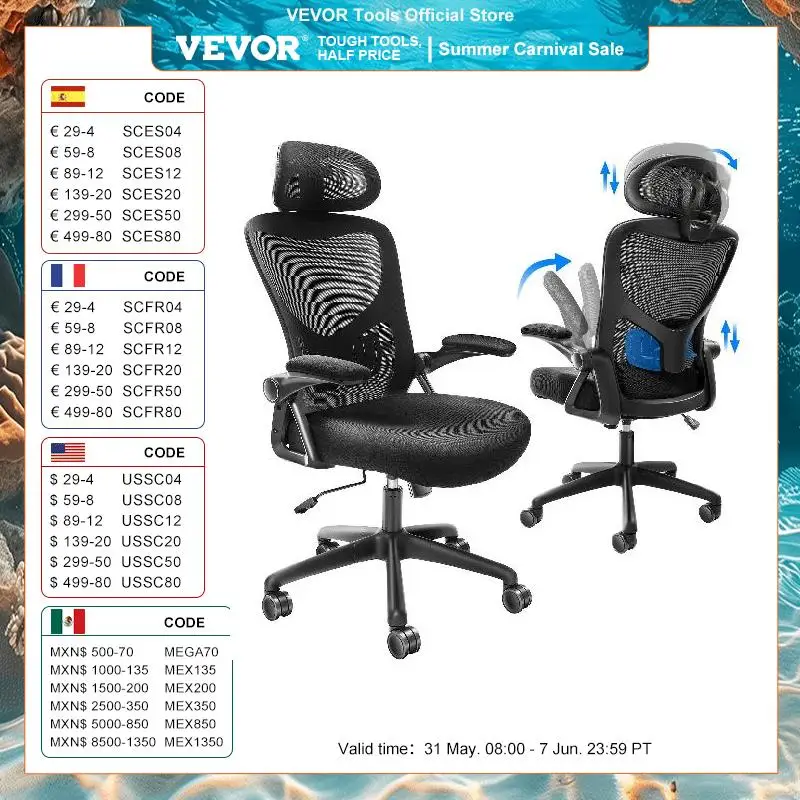 VEVOR Ergonomic Office Chair with Slide Seat/ Mesh Seat/ Adjustable Lumbar Support Angle and Height Adjustable Home Office Chair
