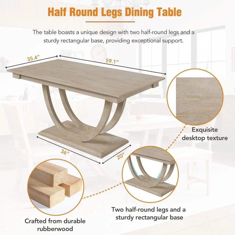 Dining Table Set for 6, Wood Kitchen Table Set with Half Round Base, 4 Upholstered Chairs and Bench, Dining Room Sets 5