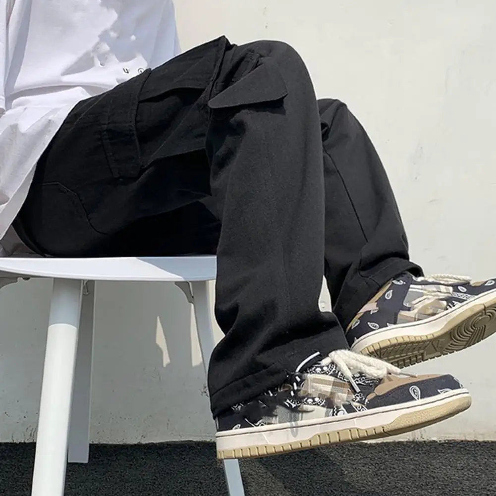 

Solid Color Men Trousers Streetwear Men's Cargo Pants Hip Hop Style Multi Pockets Wide Leg Solid Color Breathable Soft for A