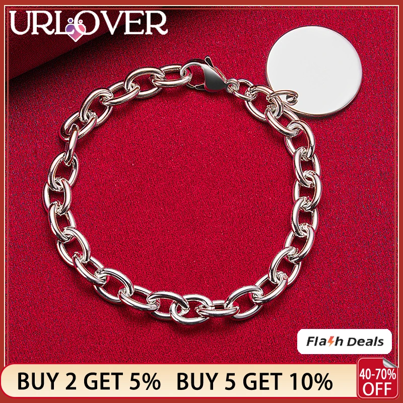 

URLOVER 925 Sterling Silver Circular Label Chain Bracelets For Women Men Bangles Party Wedding Birthday Gift Fashion Jewelry