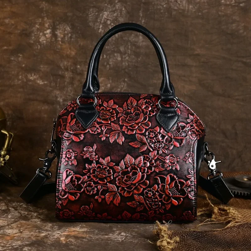 

New Embossed Shell Women's Bags 2024 Spring Female Vintage Genuine Leather Flower Handbag Ladies Versatile Cowhide Shoulder Bags