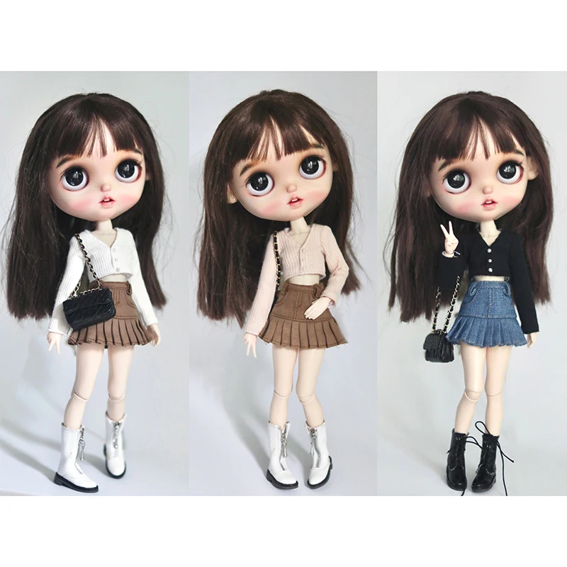 DLBell Handmade Blythe Doll Clothes Fashion V-neck 3 Color Sweaters Casual Cardigan For Blyth Licca OB24 Pullip Dolls Accessorie dlbell round neck tight shirts crop tops short sleeve t shirt and wide leg jeans streetwear for blythe azone ob24 doll clothes