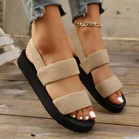Sandales plates élastiques pour femmes, tissage d'herbe simulée, chaussures de plage légères décontractées, classiques noires 2