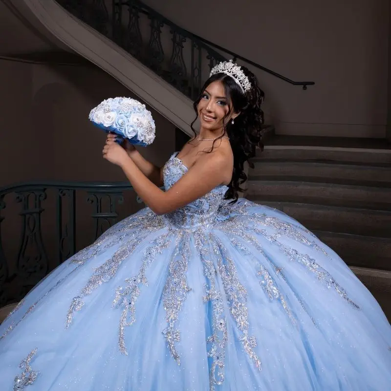 Lorencia Shiny Blue Quinceanera Dress Ball Gown Silver Lace Applique Beading Corset Sweet 16 Gown Vestidos De 15 A&ntilde;os YQD766