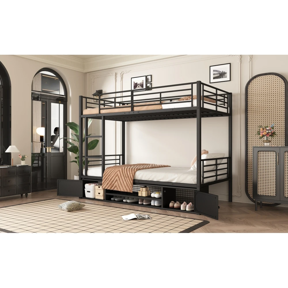 90 x 200 cm großes Bett mit Eisenrahmen, Schuhschrank, kleiner Aufbewahrungsschrank mit Doppeltür, Kinder-Etagenbett mit Seitenleiter und Fallschirmgitter – Detail 16
