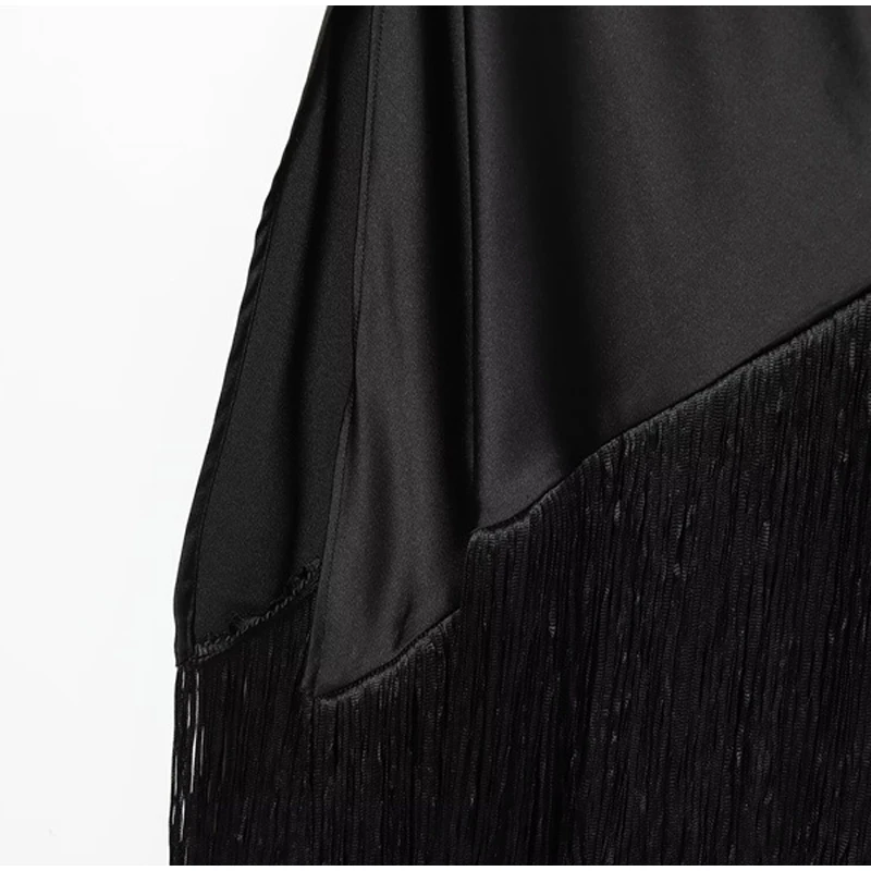 Schwarzes ärmelloses Satinkleid für Damen, asymmetrischer Fransensaum, Wasserfallausschnitt, Midi-Länge, elegantes formelles Party-Abend-Event-Neues Kleid – Detail 10