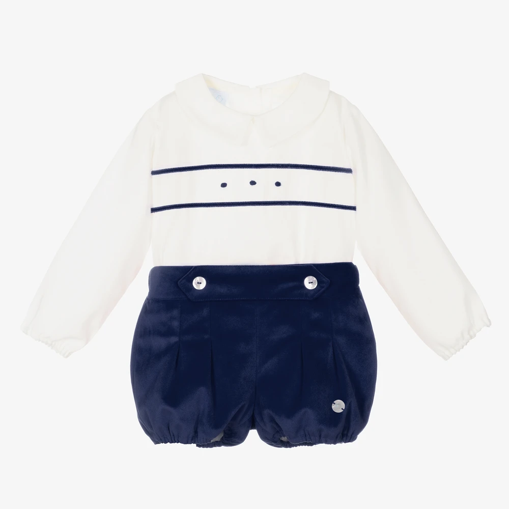 Baby Boys Ivory & Blue Velvet Shorts Set Infant Birthday Suit Kids