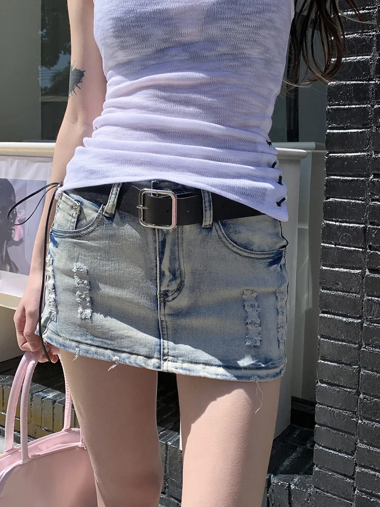 

Slergiri American Y2k Low Waist Denim Mini Skirts Women Streetwear Sexy Stretch Slim fit Bodycon Ripped Jean Skirt Without Belt