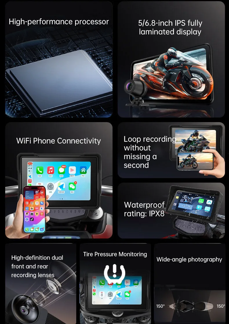 Schermo Display Moto con Carplay, Navigatore Digitale Portatile, Cruscotto Android Auto Impermeabile, Monitor BT per Motocicletta - immagine 5