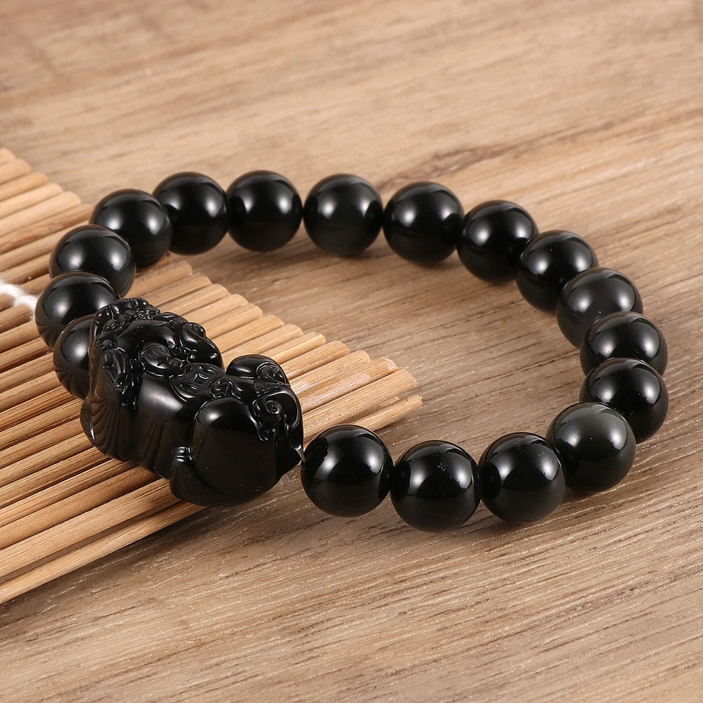 Hot Selling PiXiu Natural Obsidian Stone Fengshui Good Lucky and Wealth Men Beads Bracelet For Male Women Jewelry Wristband Gift