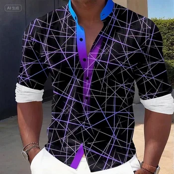 Camicia da uomo con linee geometriche arte astratta con bottoni manica lunga casual all'aperto autunno colletto alla coreana cinese camicia stampata in 3D 6XL 1