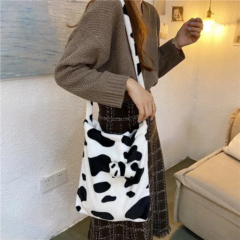 

New Soft Women Milk Cow Pattern Design Cute Tote Plush Winter Messenger Bag Female Shoulder Bags Simple Shopping Handbag