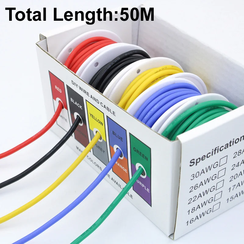 50M Multi-Gauge Flexible Silicone Stranded Tinned Copper Wire – 5 Color Options