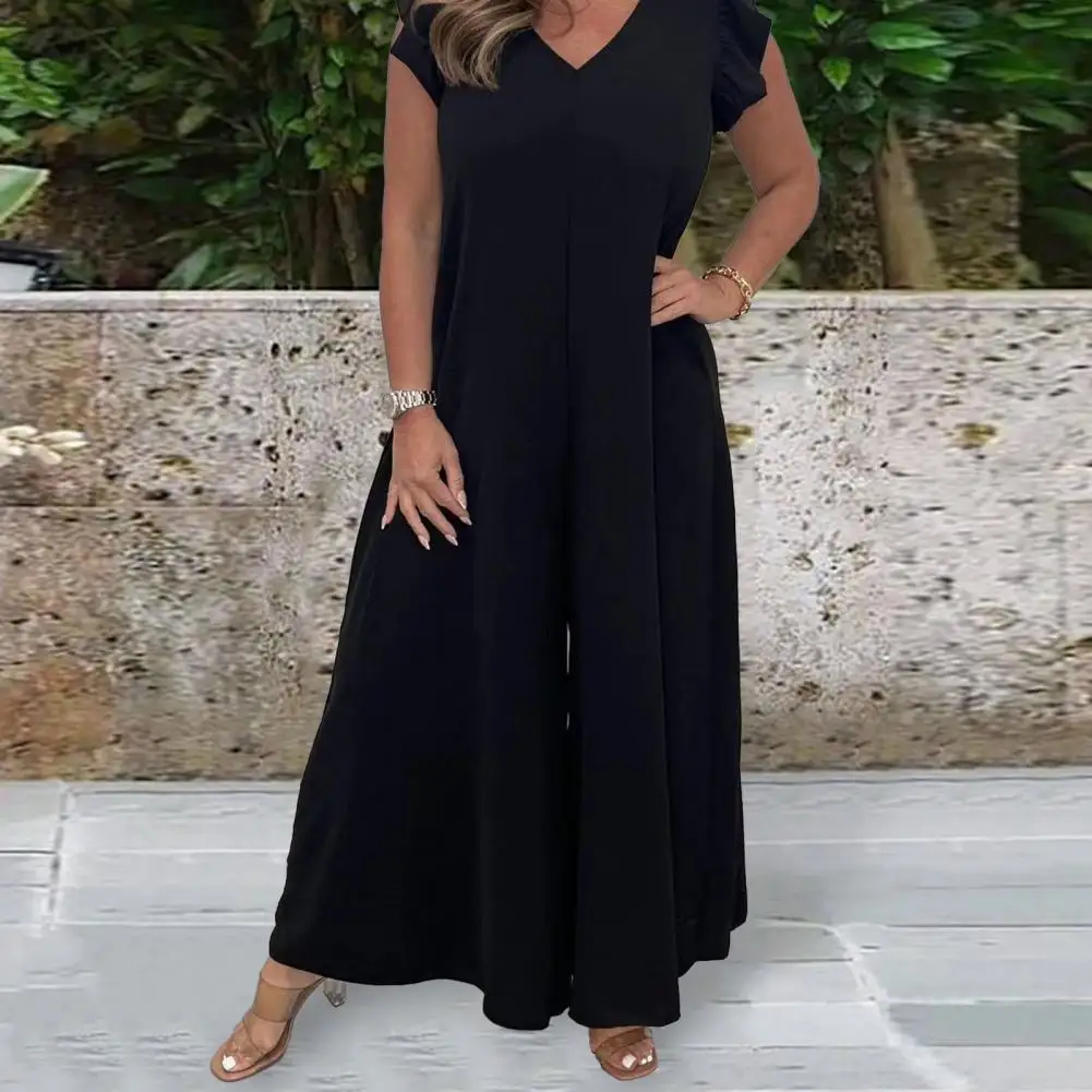

Women Jumpsuit Solid Color Jumpsuit Stylish Women's V Neck Jumpsuit Wide Leg Backless Design Soft Breathable Fabric for Any