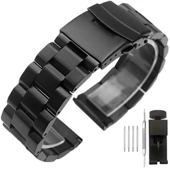 Elegant Stainless Steel Three - Bead Watchband with Folding Buckle - 24mm (Black)