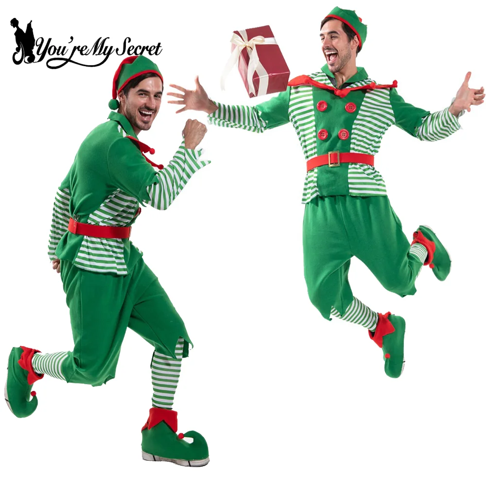 You're My Secret Christmas Santa Claus Costume Green Elf Cosplay Family Carnival Party New Year Fancy Dress Clothes Set For Men