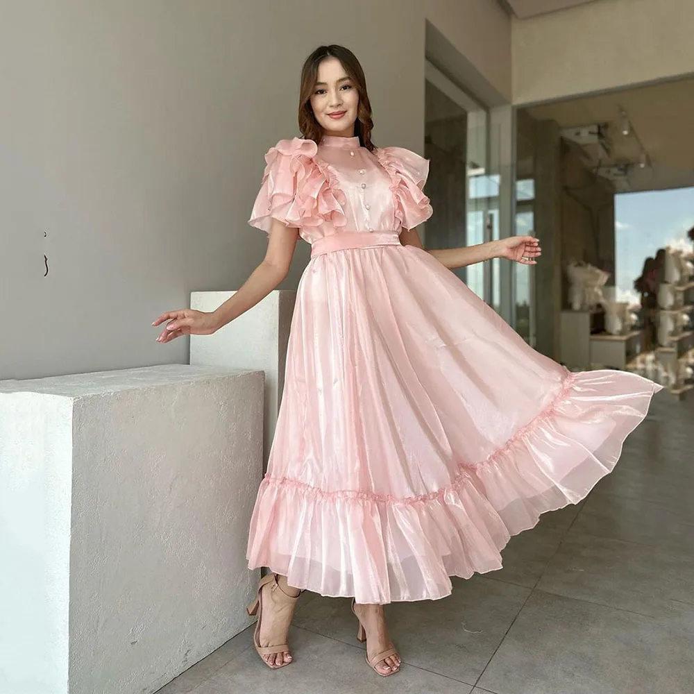 

Msikoods Elegant Pink Evening Dresses A-Line Puff Sleeves Prom Dresses Ankle Length Formal Prom Gowns Button Graduation Dress