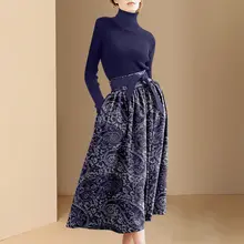 

Women's Bottom Knitted Top+Half Skirt European and American Fashion Suit New Fashionable Knitted Top Printed Skirt Two-piece Set