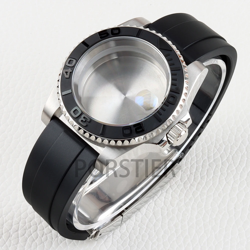 Stainless Steel 40mm Yacht Watch Case with Sapphire Glass & Rubber Strap - 100m Waterproof