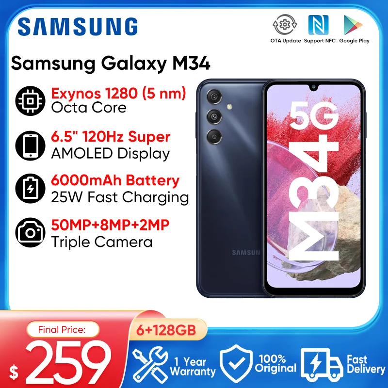 

Global Version Samsung Galaxy M34 5G 6GB RAM 128GB ROM Exynos 1280 120Hz Super AMOLED Display Android 13 6000mAh Battery