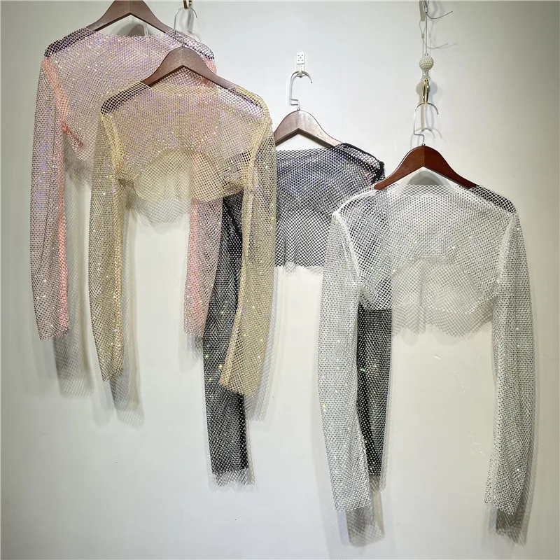 Sparkly Crystal Crop Tops For Women Fishnet Hollow Out See Through Cropped Coat Evening Night Club Luxury Top Party Wear