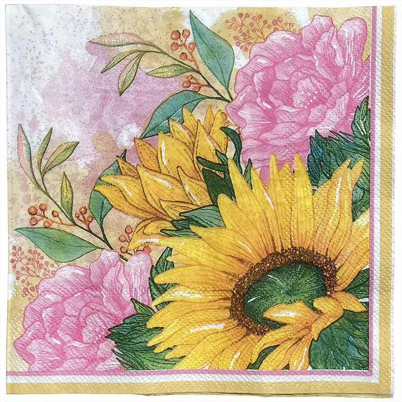 

10/20pcs 33cm Sunflower Pattern Vintage Servilletas Decoupage Paper Napkins Floral Tissues Elegant Wedding Festive Party Decor