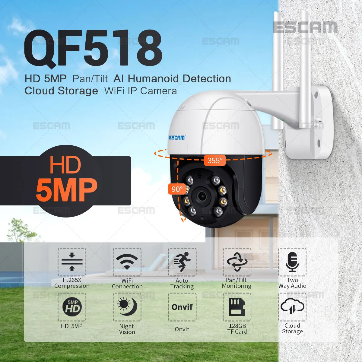 ESCAM QF518  5MP 1944P Onvif Full Color Wireless PTZ  IP Dome Camera AI Humanoid Motion Detection Home Security CCTV Monitor